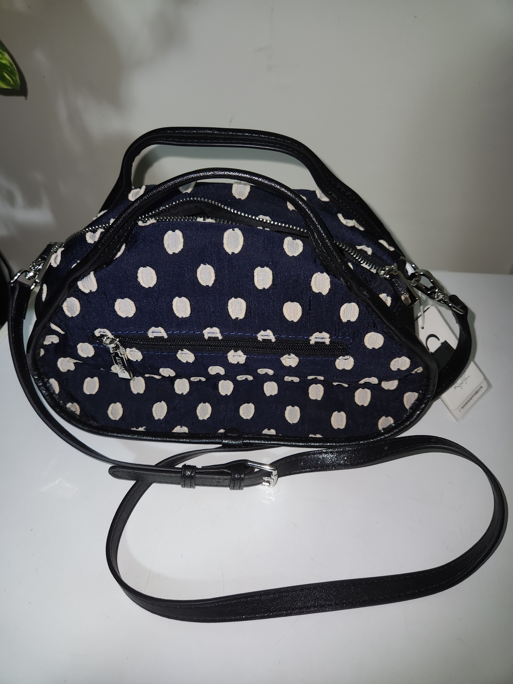 Navy Polka Dot Crossbody Bag with Black Trim